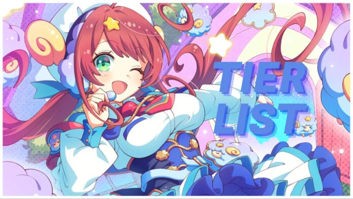 Feature image for our techcronoss tier list showing one of the main mascot characters in a cute maid like outfit surrounded by vibrant decals