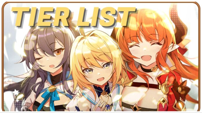 Feature image for our abyssdia tier list showing three characrers in a selfie-style portrait smiling to the camera. The one on the left looks more tired or shocked than smiley. The background is white with a brown border and the text TIER LIST written in bold yellow in the top left corner