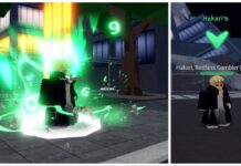 How To Get The Rogue Piece Gambler Spirit Feature image for our rogue piece gambler spirit guide showing two hakaris. The first is shroud in green aura and is the NPC hakari, and the second is his boss version.