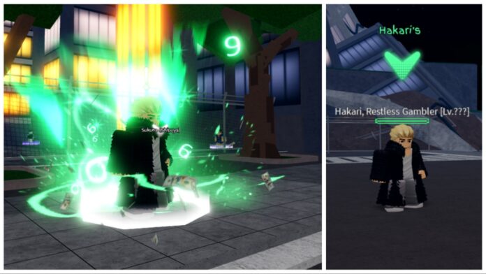 Feature image for our rogue piece gambler spirit guide showing two hakaris. The first is shroud in green aura and is the NPC hakari, and the second is his boss version.