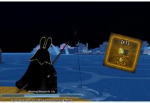Is The Rogue Piece Golden Hook Relic Any Good? Feature image for our rogue piece golden hook relic guide showing a player feom behind fishing at night time with the golden hook on the right side