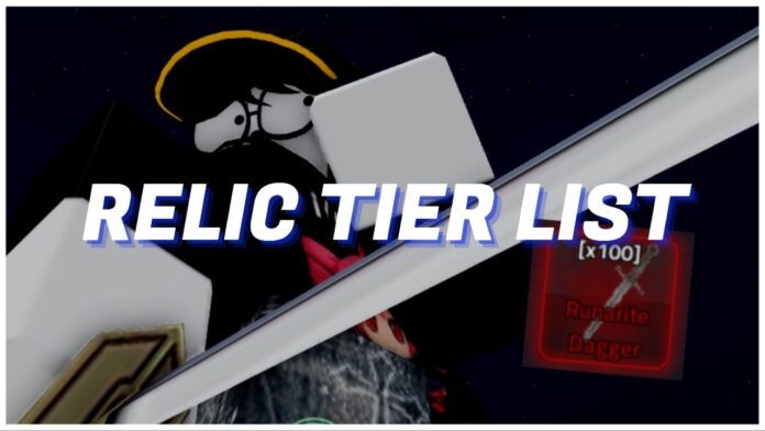rogue-piece-relic-tier-list Feature image for our rogue piece relic tier list showing a player with their fist raised to their face and a blurred relic on the screen. Over the top in the centre in white it reads RELIC TIER LIST