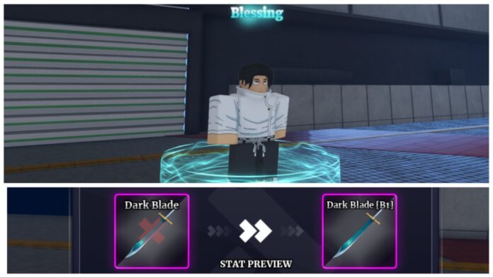 sailor-piece-blessings Image shows a 2-way collage with the main image on top showing a roblox avatar dressed as Yuta from JJK with blue text above his head reading Blessings. Beneath him is the blessings menu with a weapon getting upgraded
