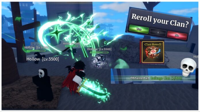 sailor-piece-clans-tier-list Feature image for our sailor piece clans tier list showing a player fighing hollows with clan reroll decal on the right of the screen.