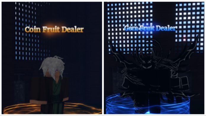 sailor-piece-fruit-tier-list Feature image for our sailor piece fruit tier list showing both the fruit merchants in a dark room.
