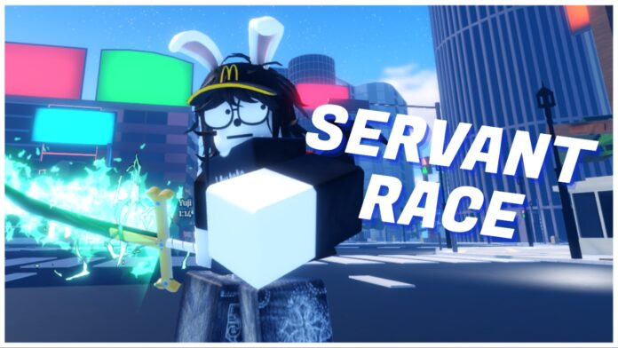 Feature image for our sailor piece servant race guide showing a player with rabbit ears and the dark blade at shibuya station