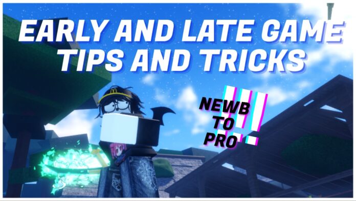 sailor-piece-tips-and-tricks Feature image for our sailor piece tips and tricks guide showing a player holding the dark blade with white bold text above their head reading EARLY AND LATE GAME TIPS AND TRICKS