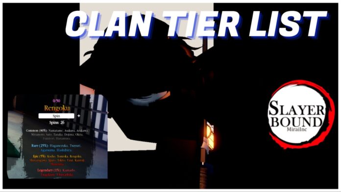 Feature image for our slayerbound clan tier list showing a player leaning forward between two black pillars. The game logo is visible on the right, and their current clan roll is visible on the left. At the top in bold white lettering it reads CLAN TIER LIST