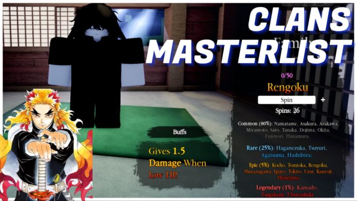 Feature image for our slayerbound clans masterlist showing a player with the rengoku clan with a png of rengoku in the bottom left