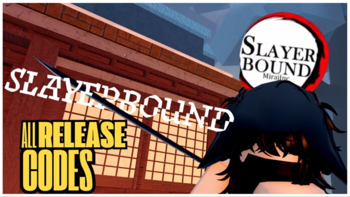 Feature image for our slayerbound codes guide showing a player slicing the game title in half with all release codes written in yellow