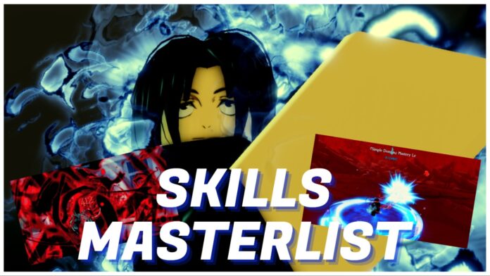 sorcerer-ascent-skills-masterlist Feature image for our sorcerer ascent skills masterlist showing a player shroud in blue cursed energy with the text SKILLS MASTERLIST written in white at the bottom centre of the image. Behind the corners of the text are two screenshots of different skills