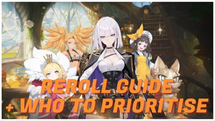 Feature image for our star sailors reroll guide showing nina at the front of a fleet of characters. In front of them all at the bottom it reads REROLL GUIDE AND WHO TO PRIORITISE in bold orange text