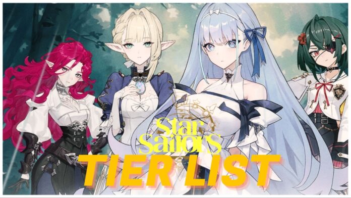 star-sailors-tier-list Feature image for our star sailors tier list showing four characters looking at the viewer whilst in an enchanted forest type setting. On the front is the game logo in yellow and TIER LIST in a darker yellow beneath it
