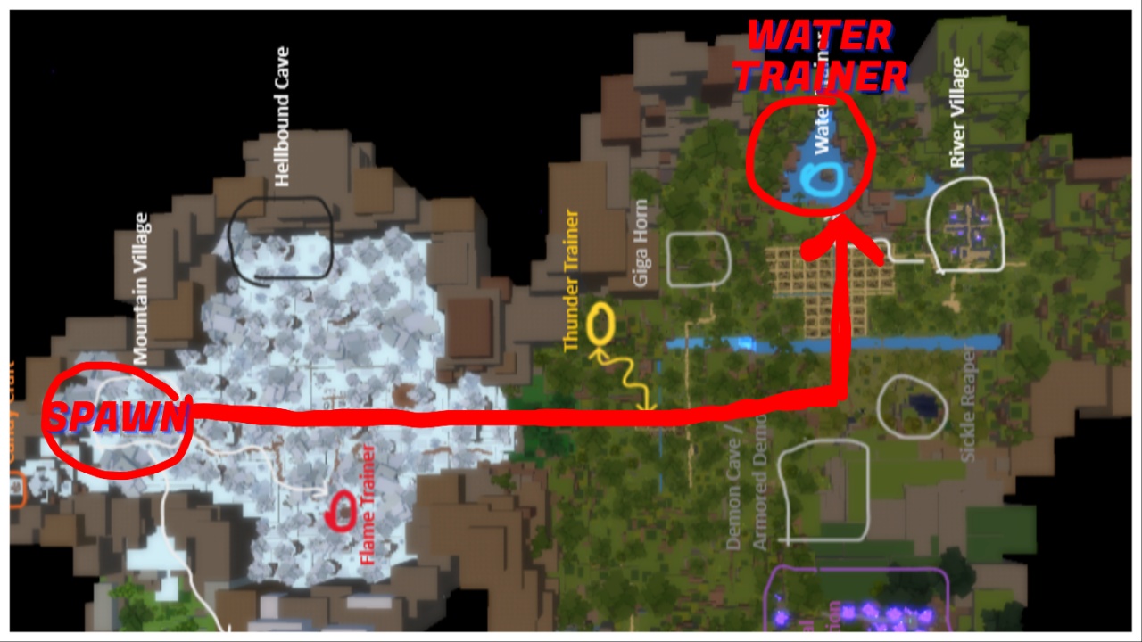 image shows a labelled map of the water trainer location in relation to spawn