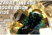 Complete Bizarre Lineage Progression Guide Feature image for our complete bizarre lineage progression guide showing a player jojo posing with a golden aura from their The World stand. The image has white text on the side with the article title and some features included