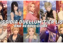 DISSIDIA DUELLUM FINAL FANTASY Tier List and Reroll Guide Feature image for uor dissidia duellum final fantasy tier list and reroll guide showing the release cast of characters with the article title in bold white letters in the middle.