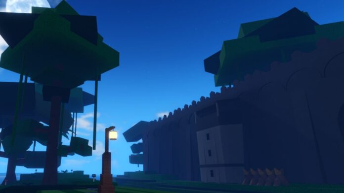 how-i-get-fruit-in-sailor-piece A grand wall surrounded by trees and vines with a glowing lamppost in Sailor Piece.