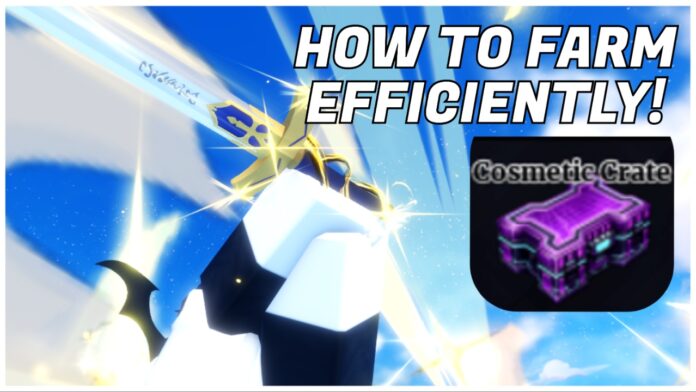 how-to-get-sailor-piece-cosmetic-crates Feature image for our how to get sailor piece cosmetic crates guide showing a player wielding an engraved sword with the crate png on the right with HOW TO FARM EFFICIENTLY in bold white above it