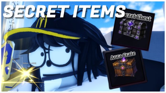 how-to-get-sailor-piece-secret-items Feature image for our how to get sailor piece secret items guide showing an upclose of a player holding an engraved sword with the secret chest and aura crate on their shoulder to the right