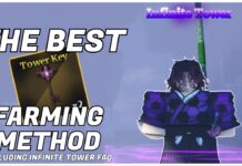 How to get Tower Keys in Sailor Piece – The BEST Farming Method Feature image for our how to get tower keys in sailor piece guide showing the kokushibo npc on the right who is the tower summoner. Next to him on the left is text reading THE BEST FARMING METHOD in white with a png of the tower key.