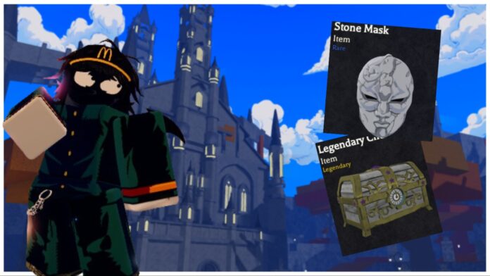 Feature image for our how to obtain vampire in bizarre lineage showing a player on the left in front of dios castle with the stone mask and legendary chest on their rigt