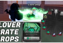 Jujutsu Zero Clover Crate Drops + Obtainment Guide Feature image for our jujutsu zero clover crate drops guide showing a player speaking to the event npc with the crate highlighted in his store