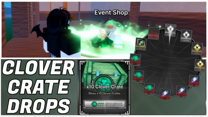 jujutsu-zero-clover-crate-drops Feature image for our jujutsu zero clover crate drops guide showing a player speaking to the event npc with the crate highlighted in his store
