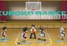 Kuroko Basketball Street Rivals Tier List Feature image for our kuroko basket street rivals tie r list showing players on a court in a chibi 3D pixel style. Above the refs head reads the article title in a seafoam green and white font.