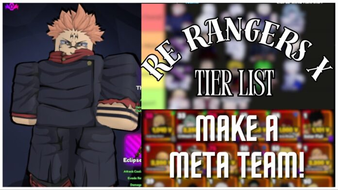 re-rangers-x-tier-list Feature image for our re rangers x tier list showing the sukuna unit on the left side with a blurred tier on the right with the article title in bold white over the front