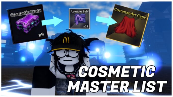 sailor-piece-cosmetics-masterlist Feature image for our sailor piece cosmetics masterlist showing a player crouching as they perform the quake c move. Above them is the cosmetic chest with arrows pointing to a common cosmetic and legendary.