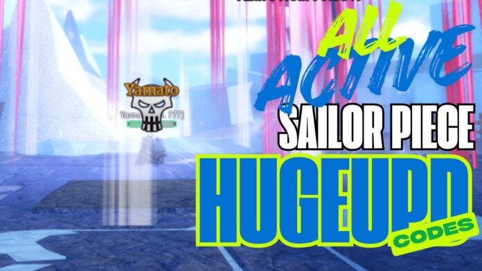 sailor-piece-huge-update-codes Feature image for our sailor piece huge update codes guide showing the yamato boss in conflict with a player on the left. On the right is the article title in flashy blue and green bold text.