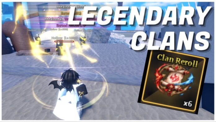 sailor-piece-legendary-clans Feature image for our sailor piece legendary clans guide showing the back of a player as they battle hollow npcs with LEGENDARY CLANS written in bold white on the right with the clan reroll item under it