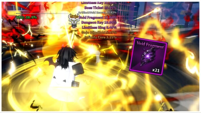 sailor-piece-void-fragment Feature image for our sailor piece void fragment guide showing a player striking the gojo boss with the void fragment png on the right
