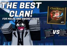 The BEST Clan in Sailor Piece: The Only Clan Build Guide You Need! Feature image for our the best clan in sailor piece guide showing a player with their arms in the air excited with the article title above them in bold white. On the right is a Clan Reroll item and two blurred clans with VS written between them