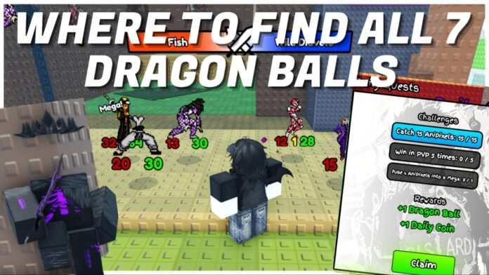 Feature image for our where i find the anipixels dragon balls guide showing a player in combat with jjba-inspired pixels with the daily quest npc on the forefront of the image