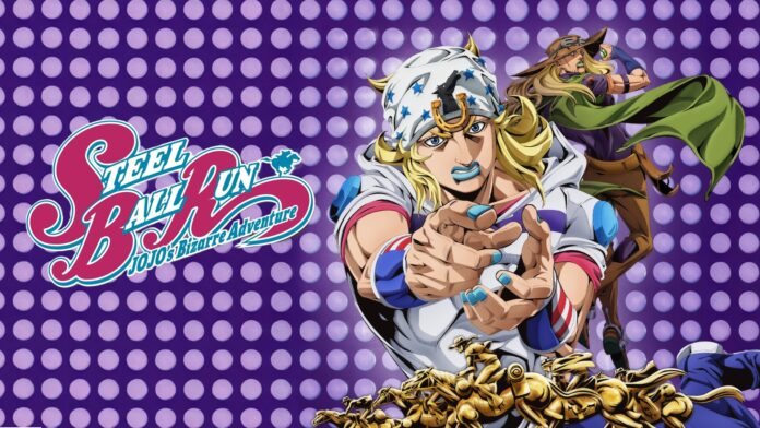 Steel Ball Run JoJo’s Bizarre Adventure featured image for our news on Steel Ball Run JoJo’s Bizarre Adventure. It shows Johnny Joestar against a purple-and-violet polka-dotted background.