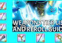 Dragon Quest Smash Grow Weapons Tier List: Which To Reroll For? Feature image for our deagon quest smash grow weapons tier list and reroll guide showing a picture from the trailer of a character slashing forwards into a bunch of blue slimes. Surrounding the image is small pngs of each weapon ranked in this tier list, framing it.
