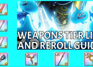 Dragon Quest Smash Grow Weapons Tier List: Which To Reroll For? Feature image for our deagon quest smash grow weapons tier list and reroll guide showing a picture from the trailer of a character slashing forwards into a bunch of blue slimes. Surrounding the image is small pngs of each weapon ranked in this tier list, framing it.