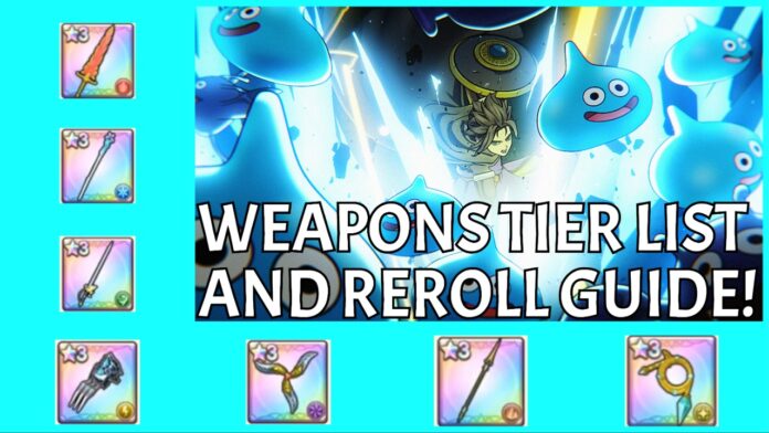 dragon-quest-smash-grow-weapons-tier-list Feature image for our deagon quest smash grow weapons tier list and reroll guide showing a picture from the trailer of a character slashing forwards into a bunch of blue slimes. Surrounding the image is small pngs of each weapon ranked in this tier list, framing it.