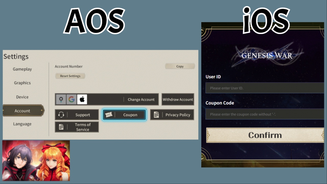 Image shows the redemption process for AOS and IOS for Genesis war. Both images are against a blue background with a small png of two characters in the bottom left for relevancy
