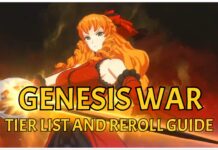 Genesis War Tier List and Reroll Guide – Who To Prioritise! Feature image for our genesis war tier list and reroll guide showing joan against a black and foggy red background. She has a determined expression on her face as she holds her sword at an angle close to the viewer