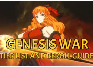 Genesis War Tier List and Reroll Guide – Who To Prioritise! Feature image for our genesis war tier list and reroll guide showing joan against a black and foggy red background. She has a determined expression on her face as she holds her sword at an angle close to the viewer
