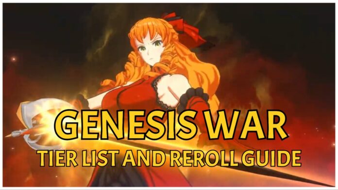 genesis-war-tier-list-and-reroll-guide Feature image for our genesis war tier list and reroll guide showing joan against a black and foggy red background. She has a determined expression on her face as she holds her sword at an angle close to the viewer