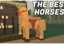 How To Adopt The BEST Horses in Bridger Western Feature image for our guide on the best horses in bridger western showing a tall pale white steed with a saddle and harness on outside of the fishing docks shop.