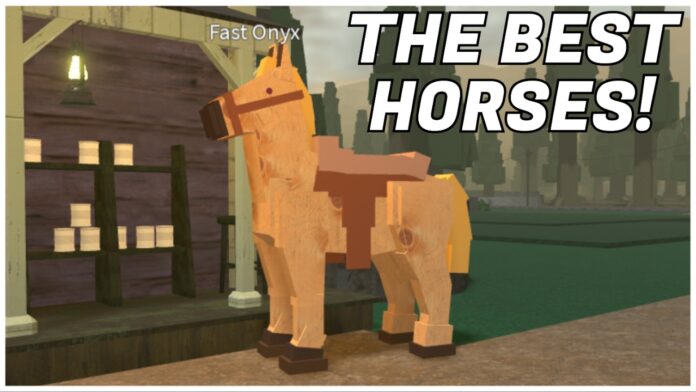 Feature image for our guide on the best horses in bridger western showing a tall pale white steed with a saddle and harness on outside of the fishing docks shop.
