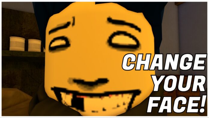 Feature image for our how to change your face in bridger western guide showing a player up close with their missing tooth smile face with CHANGE YOUR FACE in bold white in the bottom right corner of the illustration
