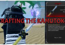 How To Craft Kamutoke in Jujutsu Zero: Full Questline Guide! Feature image for our how to craft kamutoke in jujutsu zero showing a player rushing towards a pillar at the beach. The camera is picturing the player feom behind with the kamatoke in their hands and its item desc on the right side.