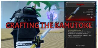 How To Craft Kamutoke in Jujutsu Zero: Full Questline Guide! Feature image for our how to craft kamutoke in jujutsu zero showing a player rushing towards a pillar at the beach. The camera is picturing the player feom behind with the kamatoke in their hands and its item desc on the right side.