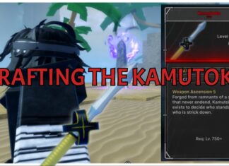 How To Craft Kamutoke in Jujutsu Zero: Full Questline Guide! Feature image for our how to craft kamutoke in jujutsu zero showing a player rushing towards a pillar at the beach. The camera is picturing the player feom behind with the kamatoke in their hands and its item desc on the right side.