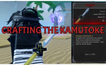 How To Craft Kamutoke in Jujutsu Zero: Full Questline Guide! Feature image for our how to craft kamutoke in jujutsu zero showing a player rushing towards a pillar at the beach. The camera is picturing the player feom behind with the kamatoke in their hands and its item desc on the right side.